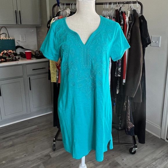 Style & Co Turquioise Dress Heavy Embellishment on Bodice 100% Cotton Medium - Picture 3 of 8